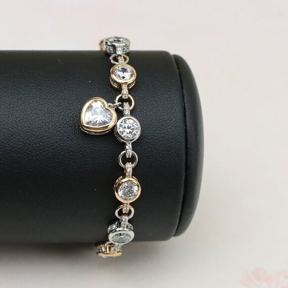 "Heart Charm Rose Gold+Silver Bracelet with Sparkling Crystals, XPBL0797 - Picture 9 of 12